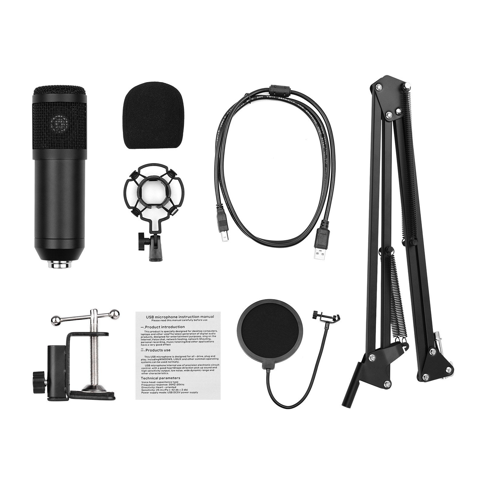USB Condenser Microphone Set with Desk Mounting Clamp Scissor Arm Stand Pop Filter Muff Shock Mount Cable