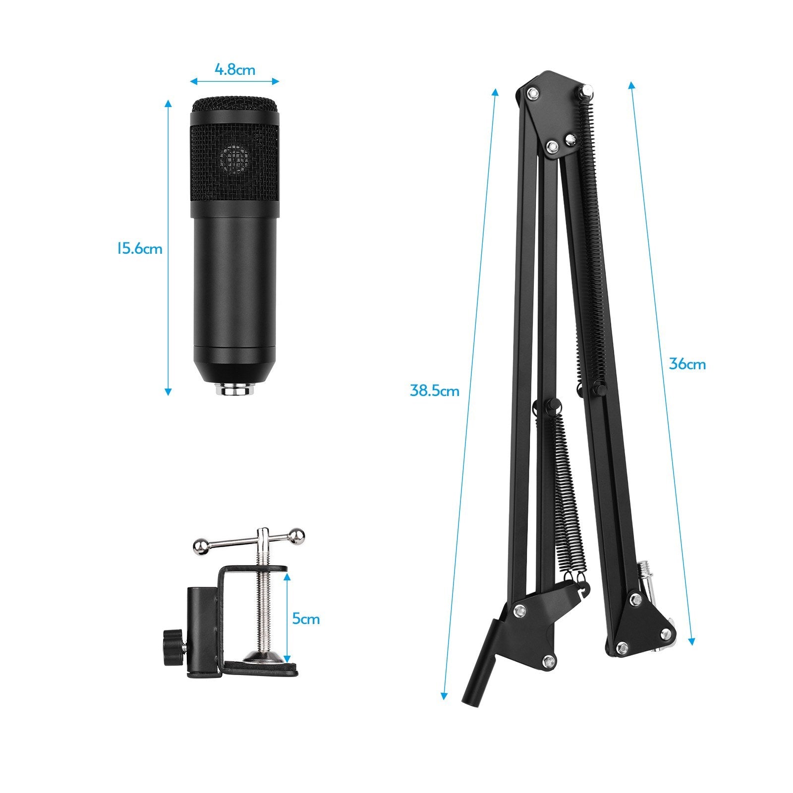 USB Condenser Microphone Set with Desk Mounting Clamp Scissor Arm Stand Pop Filter Muff Shock Mount Cable