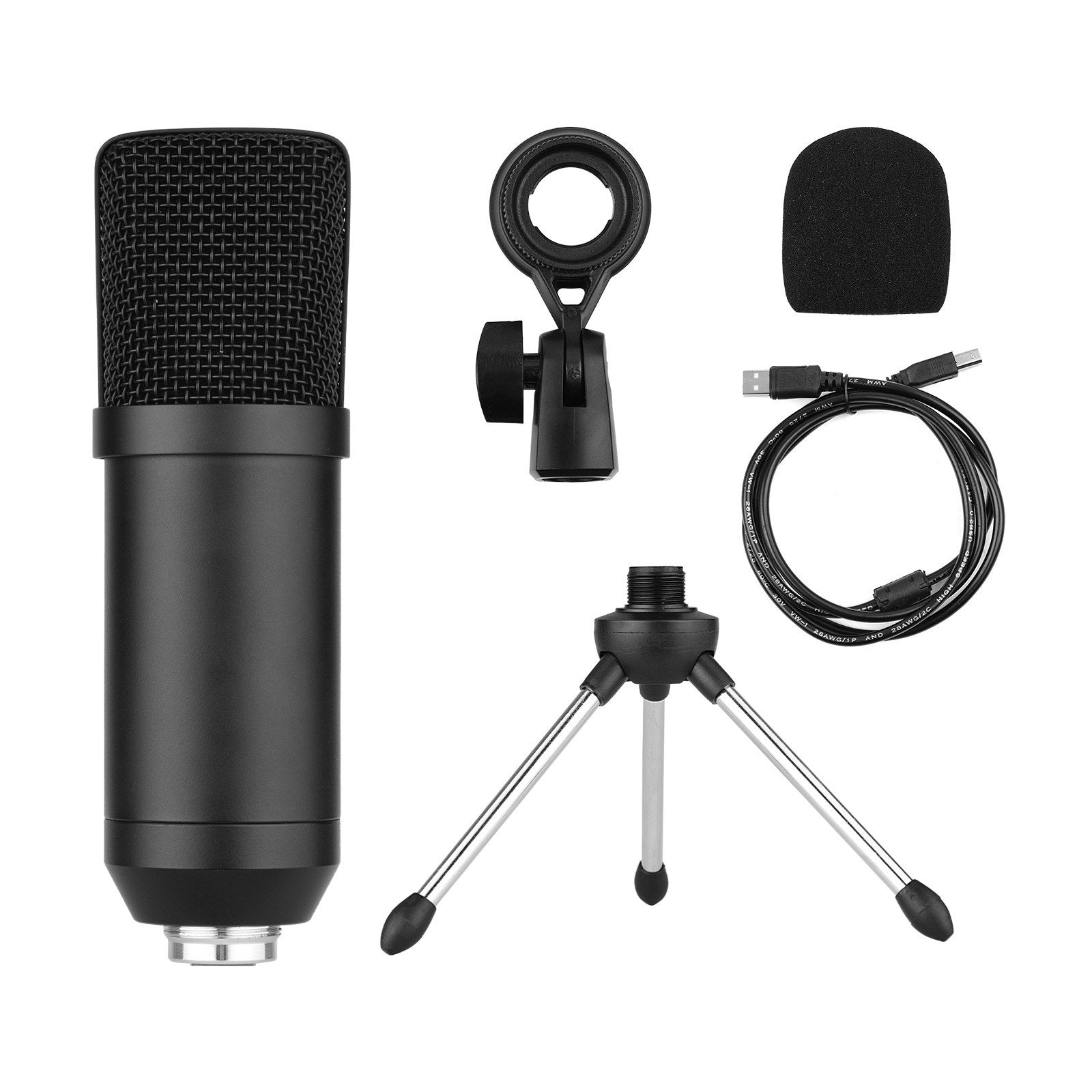 USB Condenser Microphone Set with Foldable Mic Tripod Power Cord Foam Wind Muff