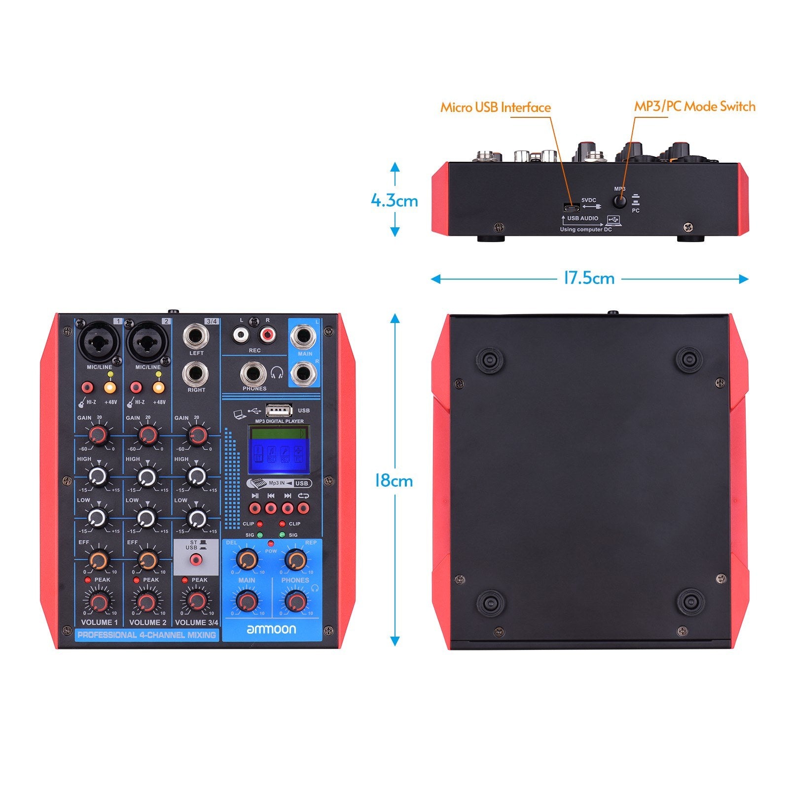 Portable 4-Channel Mixing Console Digital Audio Mixer