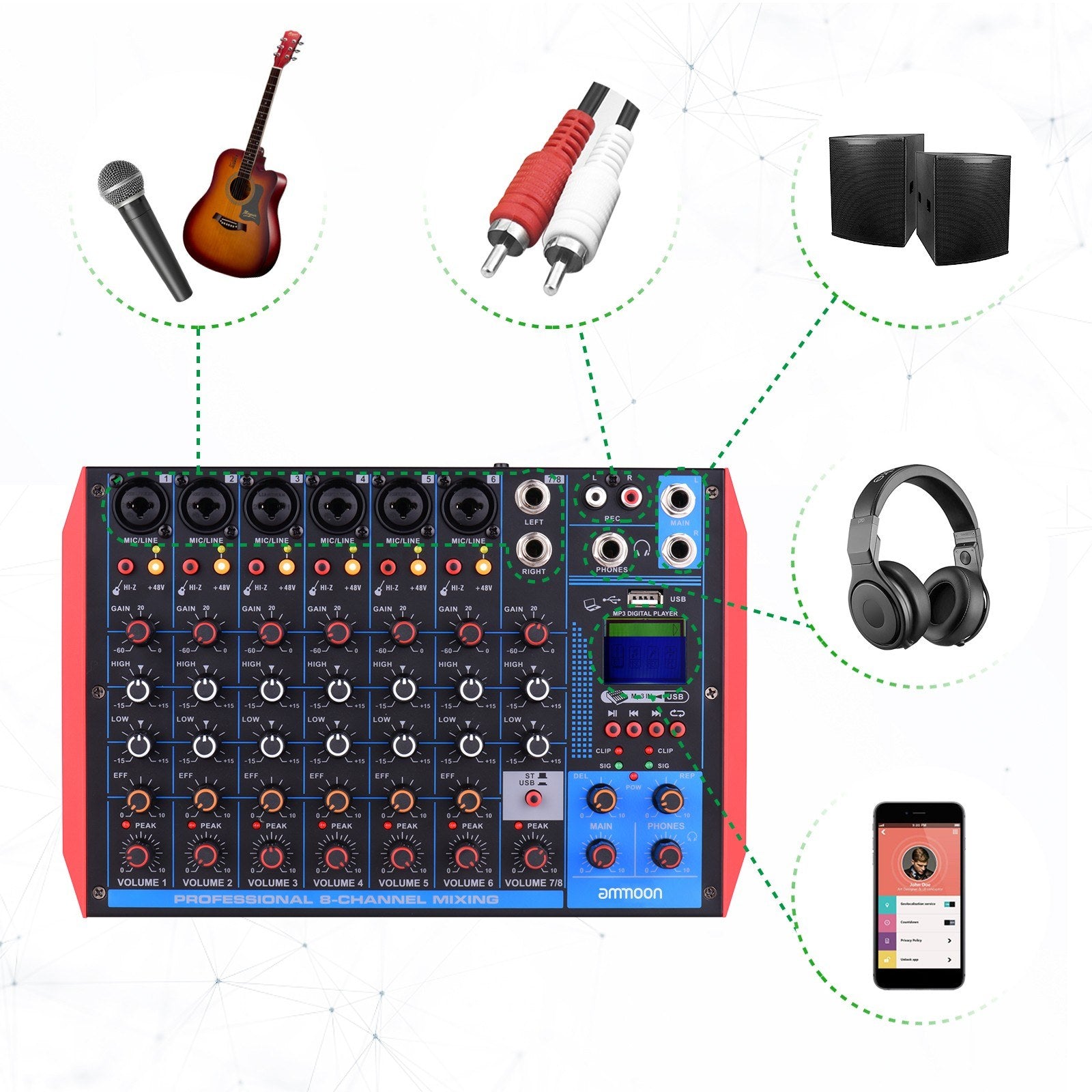 Portable 8-Channel Mixing Console Digital Audio Mixer +48V Phantom Power Supports BT/USB/MP3 Connection