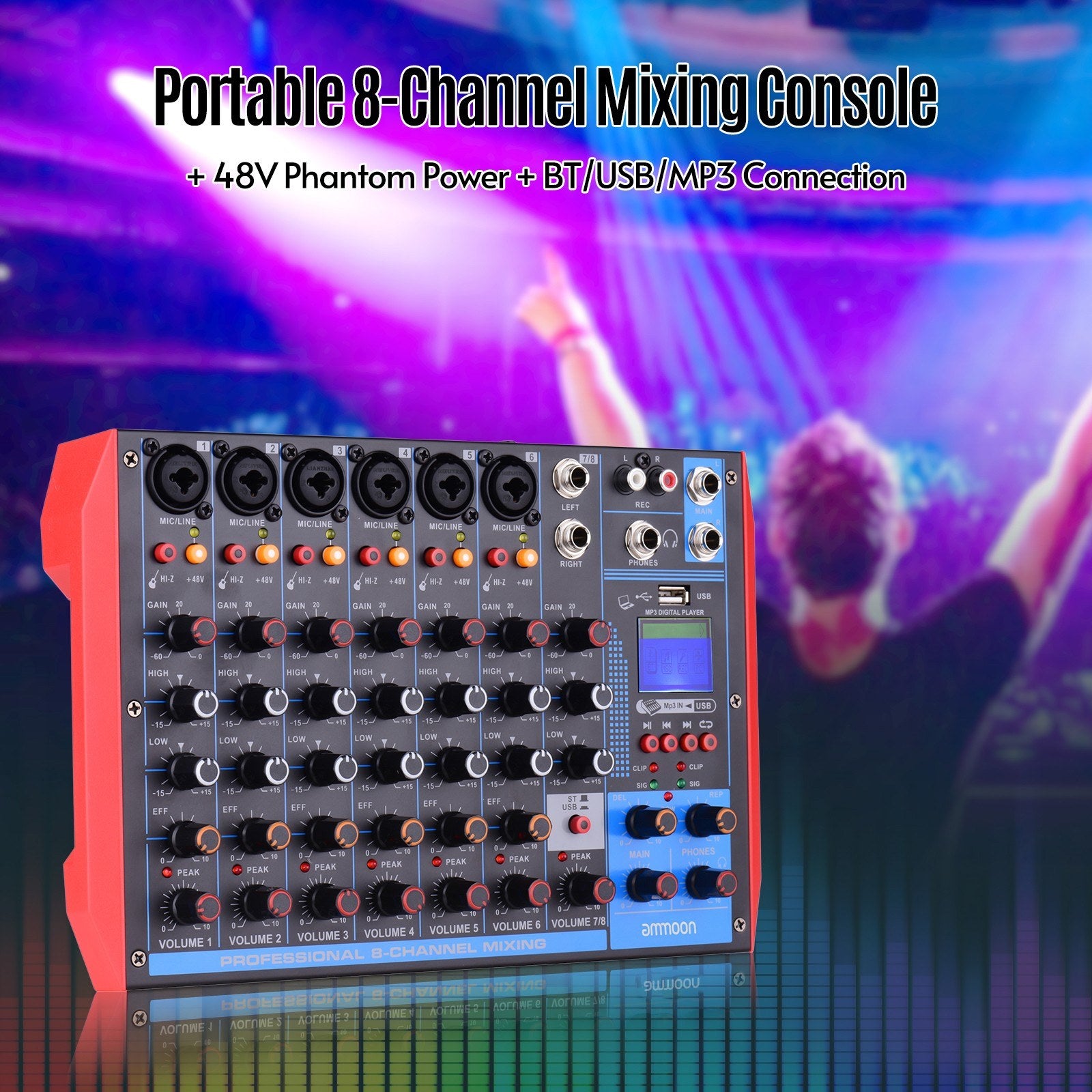Portable 8-Channel Mixing Console Digital Audio Mixer +48V Phantom Power Supports BT/USB/MP3 Connection