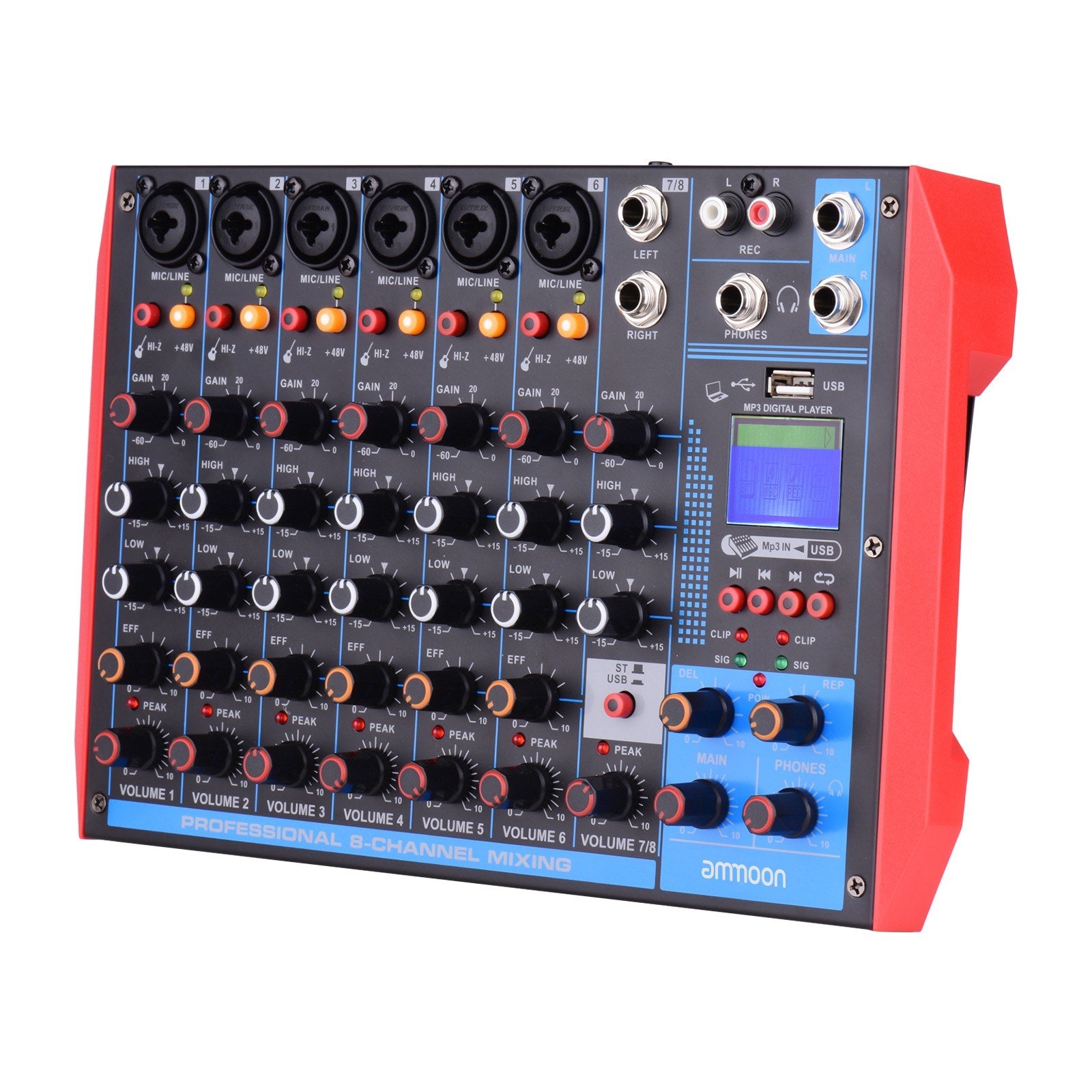 Portable 8-Channel Mixing Console Digital Audio Mixer +48V Phantom Power Supports BT/USB/MP3 Connection