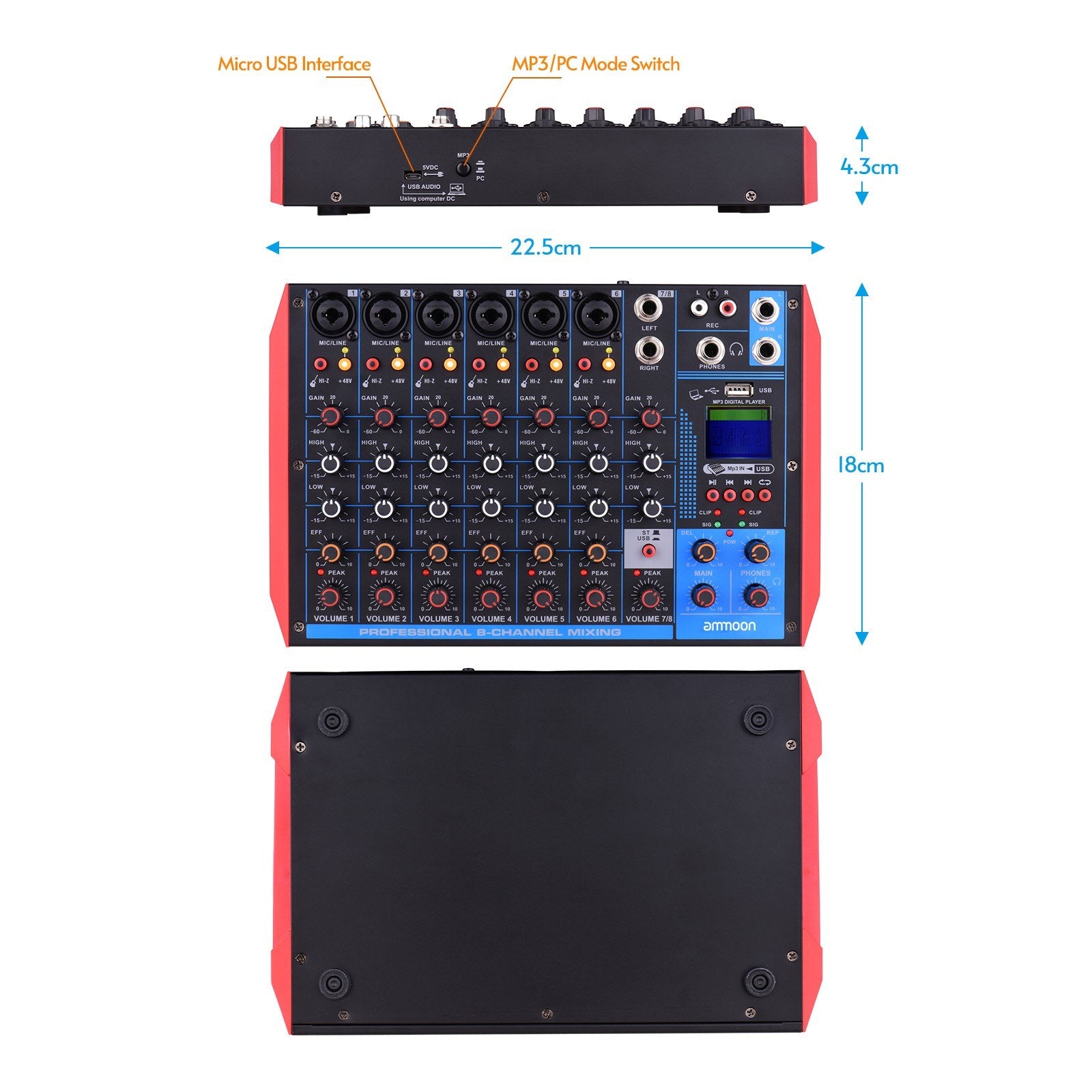 Portable 8-Channel Mixing Console Digital Audio Mixer +48V Phantom Power Supports BT/USB/MP3 Connection