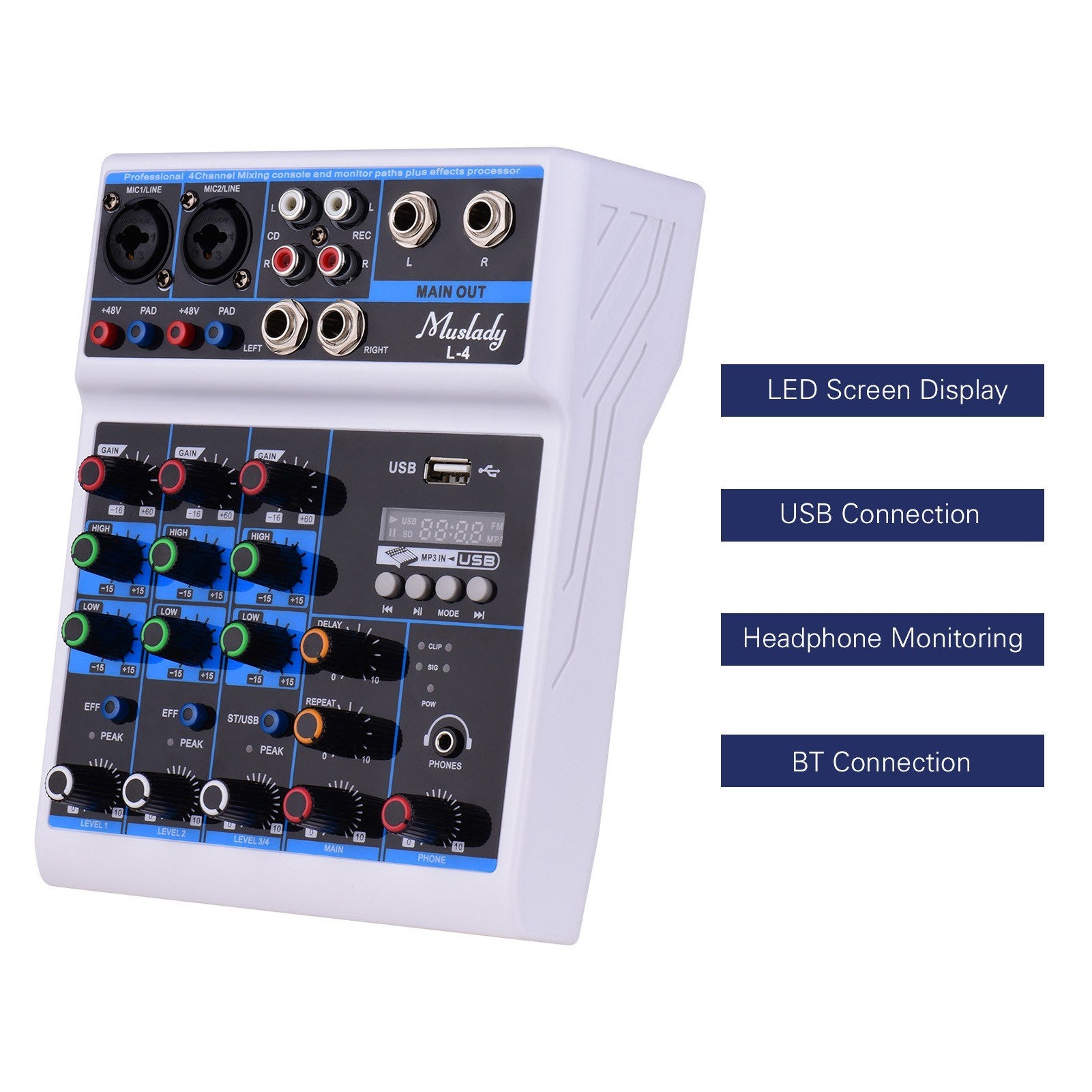 4-Channel Audio Mixer Mixing Console LED Screen