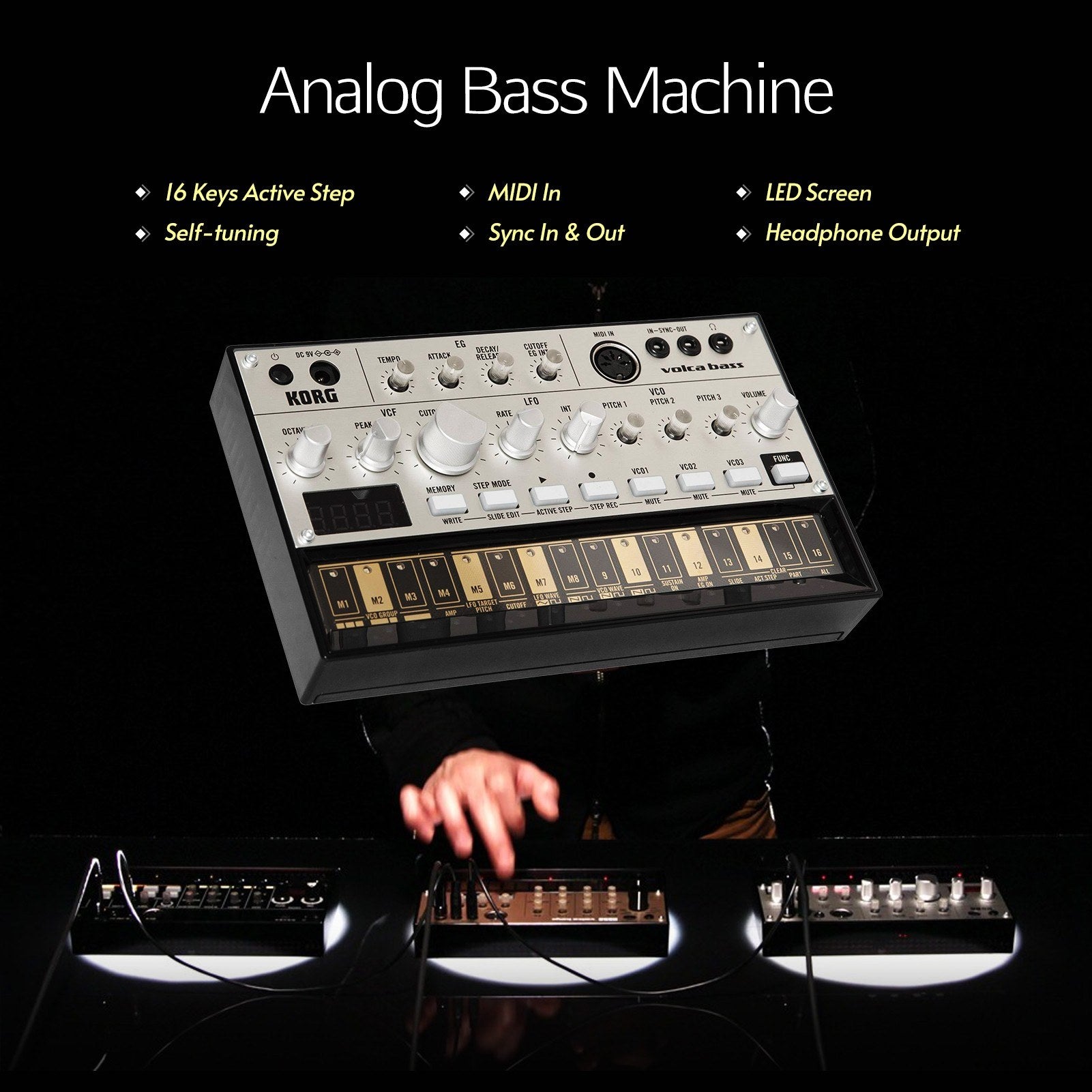 Analog Bass Machine 16 Keys Step Sequencer Touch Slide Active Self-tuning with MIDI In Sync Jack