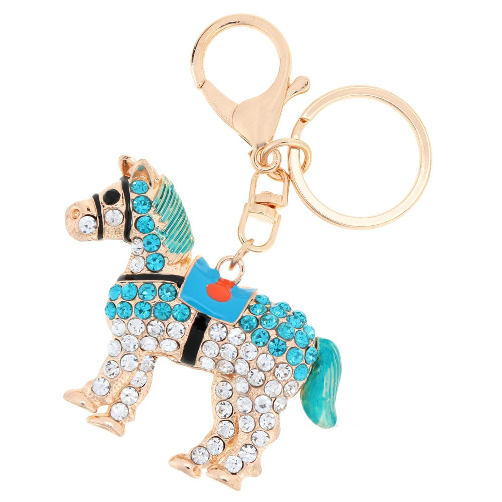 Jewelry Hollow Shinning Rhinestone Aureate Horse Pendant Key Ring Chain
