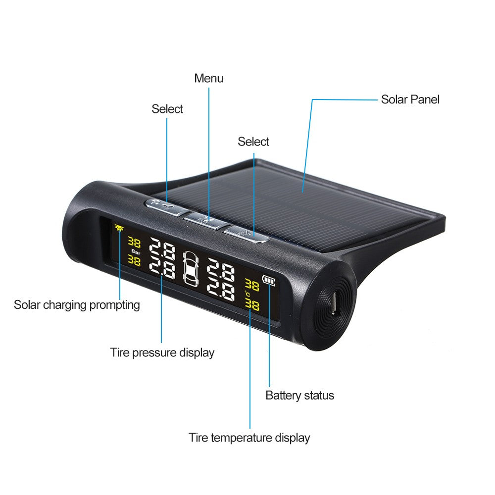 Car TPMS Tire Pressure Digital Solar Energy Monitoring System with 4 External Sensors