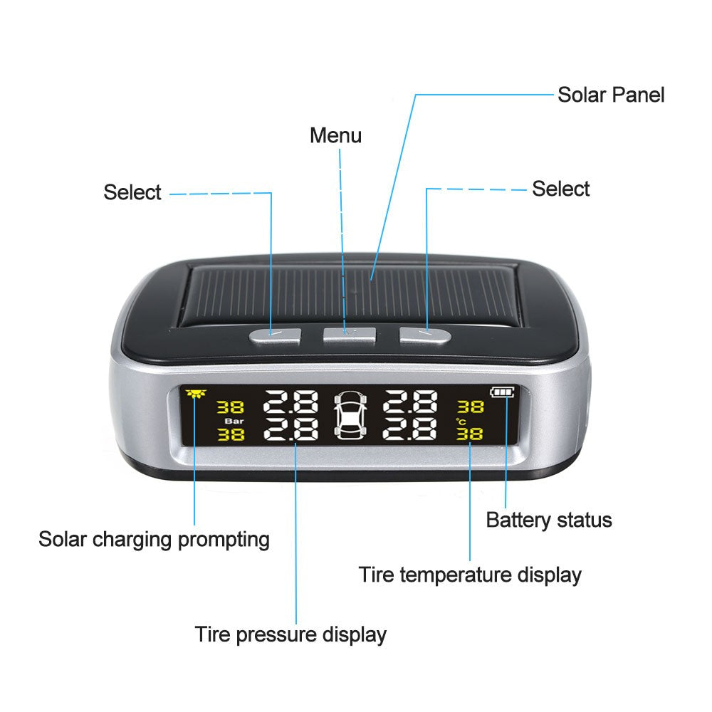 Car TPMS Tire Pressure Digital Solar Energy Monitoring System Auto Security with 4 Internal Sensors