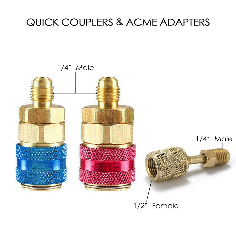 3 Way Refrigerant Gauge AC Diagnostic Manifold Freon Set for R134A R12 R22 R502 Refrigerants with Couplers and Acme Adapter