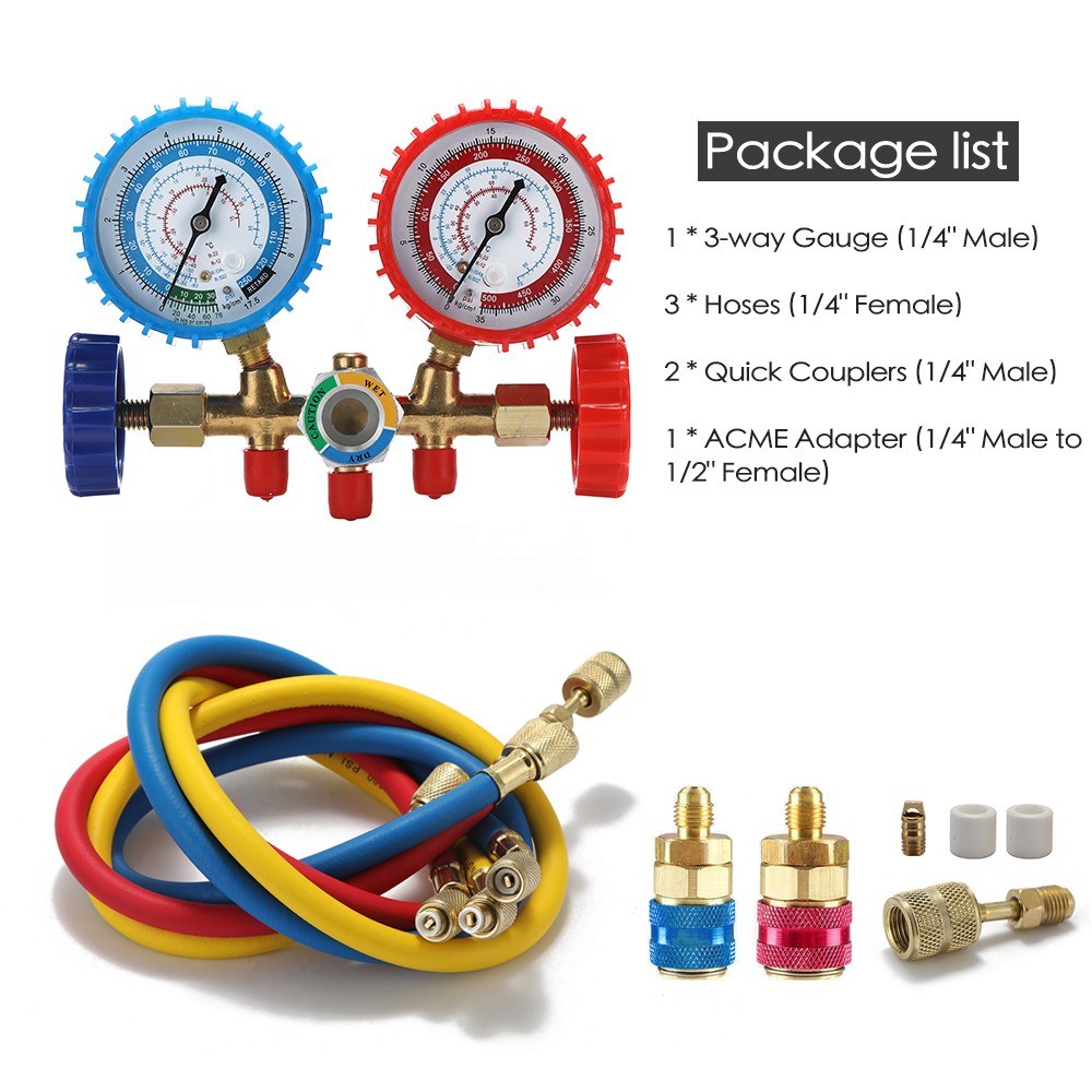 3 Way Refrigerant Gauge AC Diagnostic Manifold Freon Set for R134A R12 R22 R502 Refrigerants with Couplers and Acme Adapter