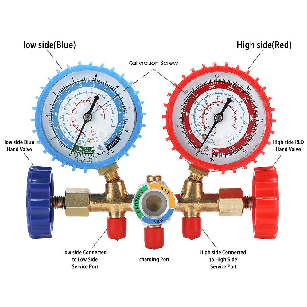3 Way Refrigerant Gauge AC Diagnostic Manifold Freon Set for R134A R12 R22 R502 Refrigerants with Couplers and Acme Adapter