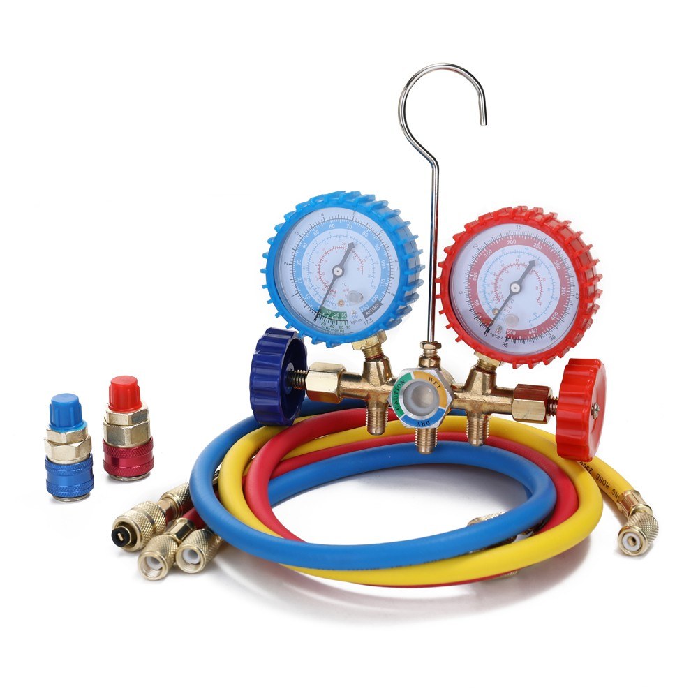 3 Way Refrigerant Gauge AC Diagnostic Manifold Freon Set for R134A R12 R22 R502 Refrigerants with Couplers and Acme Adapter