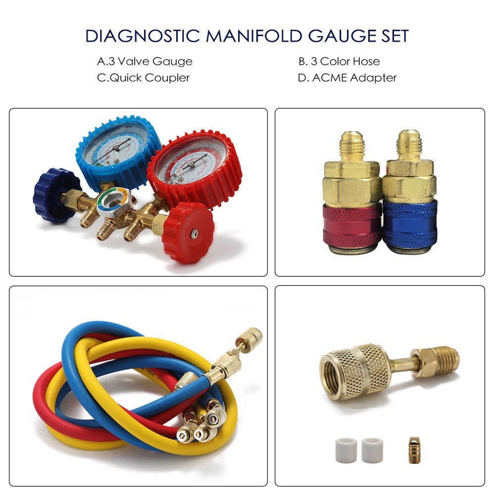 3 Way Refrigerant Gauge AC Diagnostic Manifold Freon Set for R134A R12 R22 R502 Refrigerants with Couplers and Acme Adapter