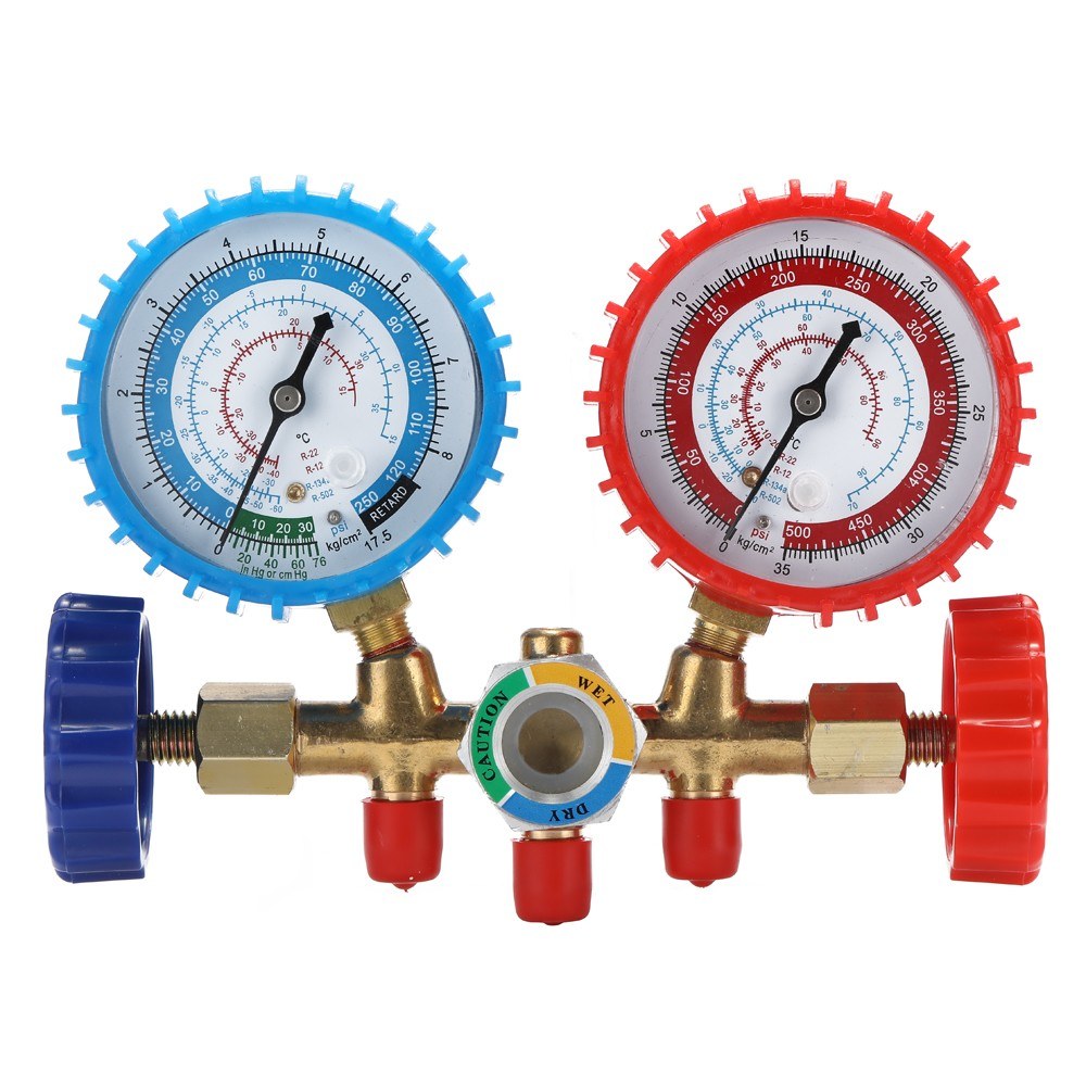 3 Way Refrigerant Gauge AC Diagnostic Manifold Freon Set for R134A R12 R22 R502 Refrigerants with Couplers and Acme Adapter