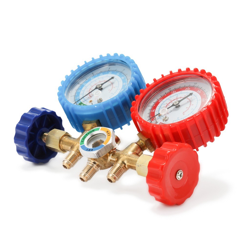 3 Way Refrigerant Gauge AC Diagnostic Manifold Freon Set for R134A R12 R22 R502 Refrigerants with Couplers and Acme Adapter
