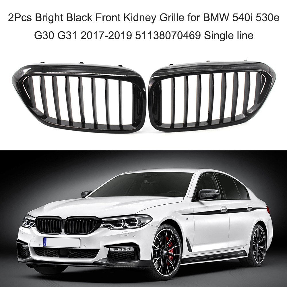 2Pcs Bright Black Front Kidney Grille for BMW 540i 530e G30 G31 2017-2019 51138070469 Single line