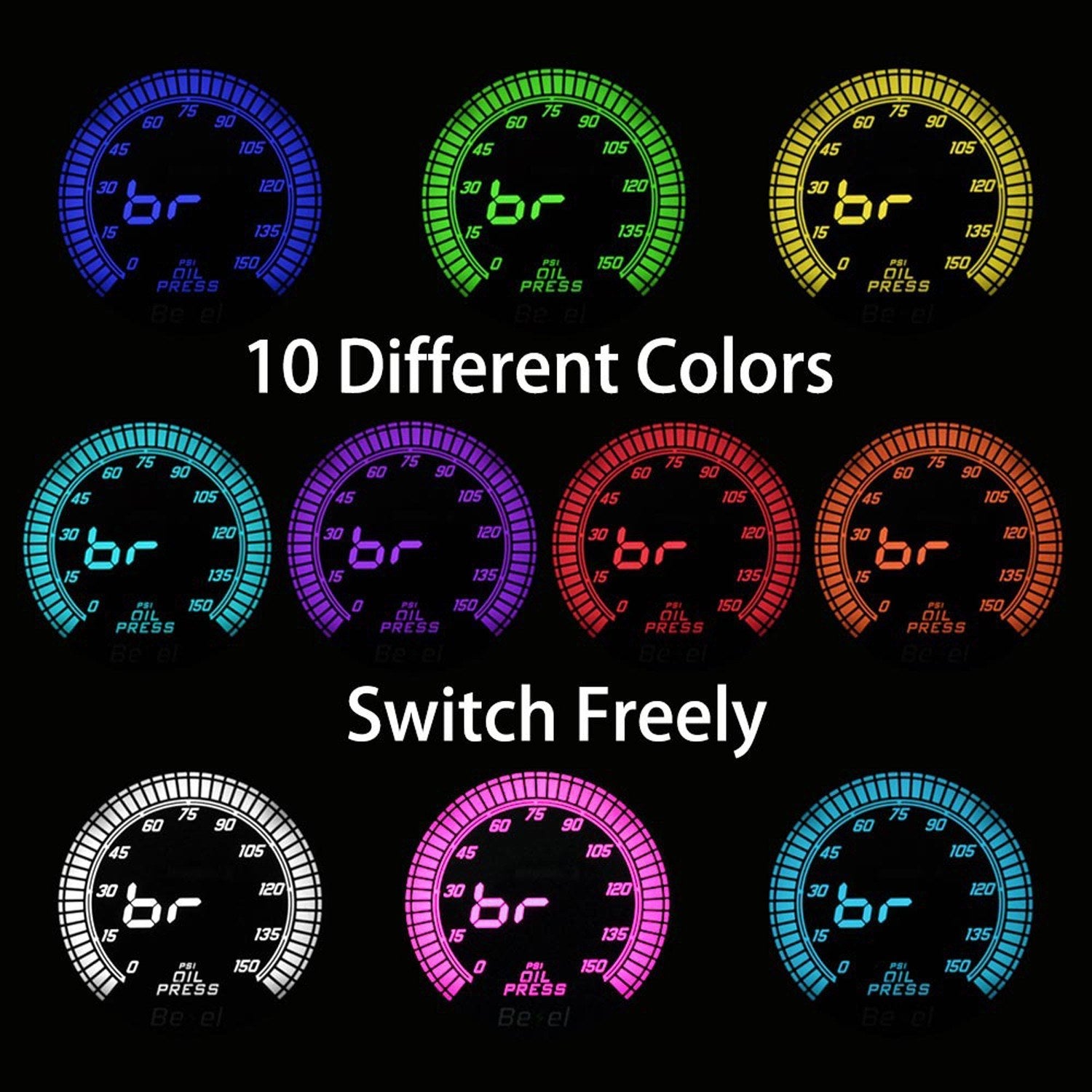 Design 2" 52mm EVO LED 10 Colors Oil Press Gauge 0-150PSI Pressure Meter