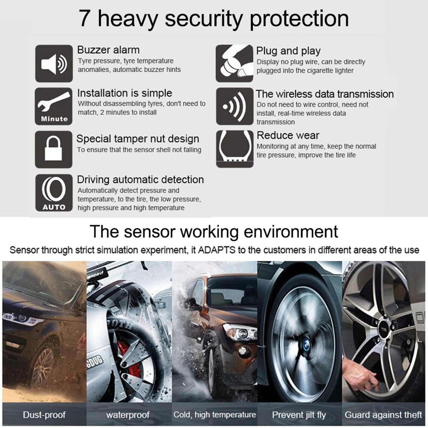 TPMS tire Pressure Monitoring System Solar Wireless and USB Charging Detection with 4 Internal Sensors