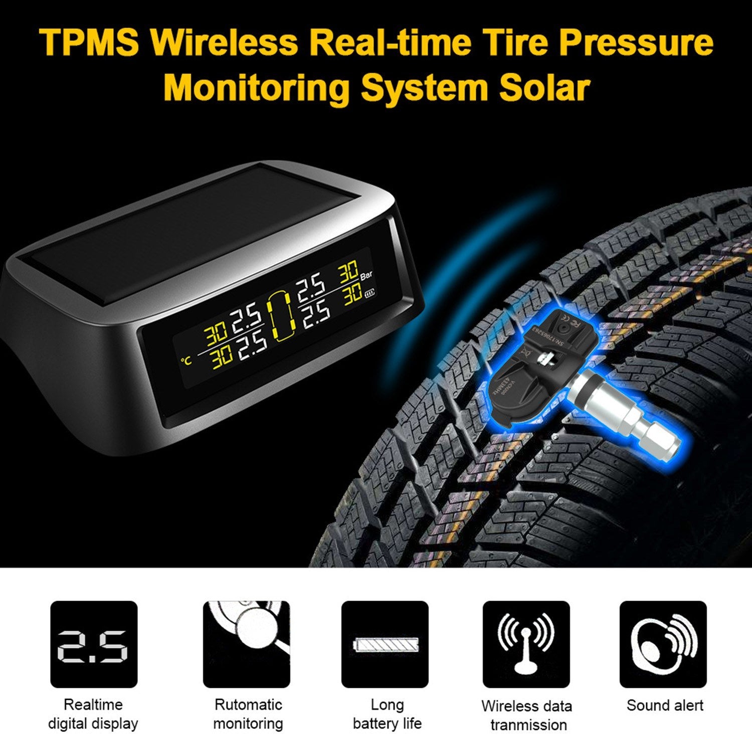 TPMS tire Pressure Monitoring System Solar Wireless and USB Charging Detection with 4 Internal Sensors