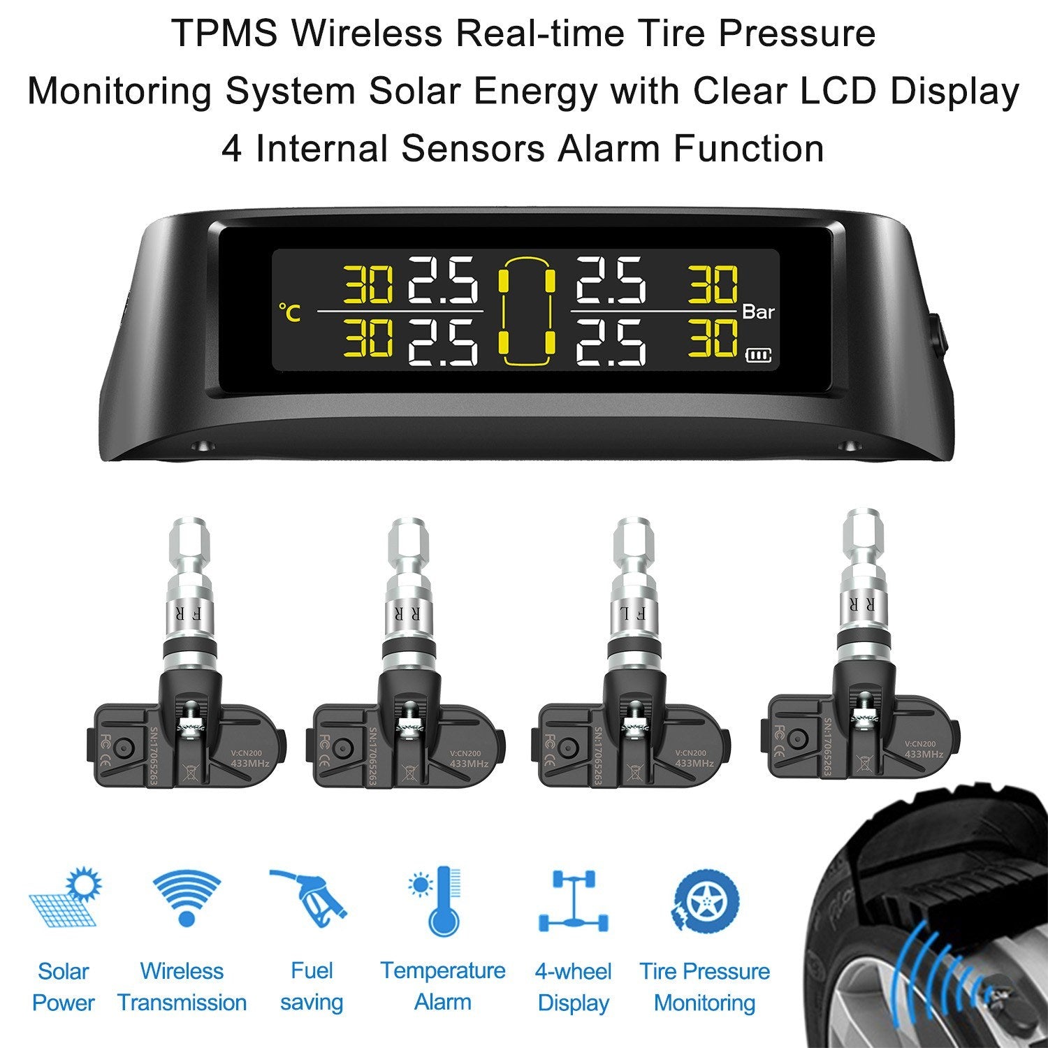 TPMS tire Pressure Monitoring System Solar Wireless and USB Charging Detection with 4 Internal Sensors