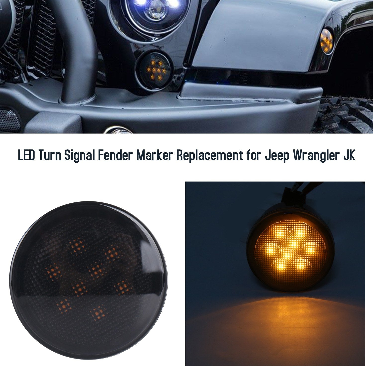 LED Turn Signal Fender Marker Flare Side Light Daytime Running Smoke Lens Replacement for Jeep Wrangler 2007-2017