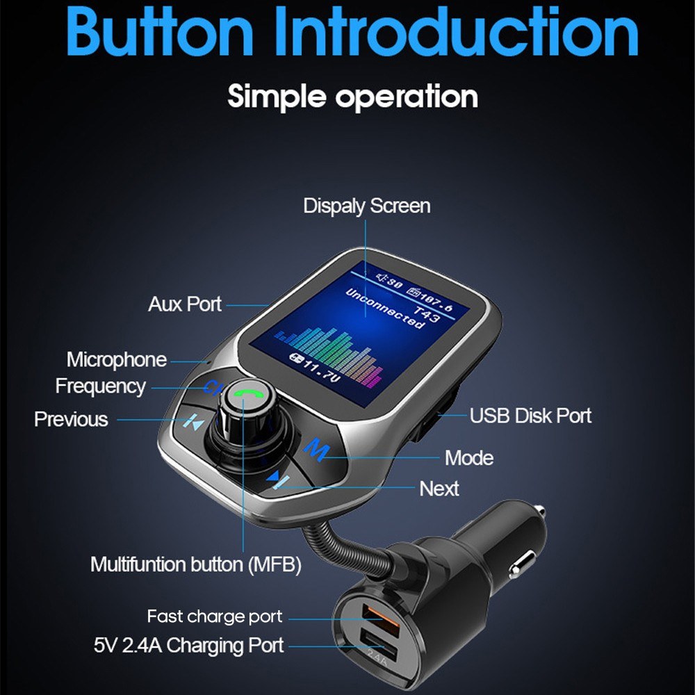 Car MP3 Player Multi-function BT5.0 FM Transmitter Dual USB Chargers