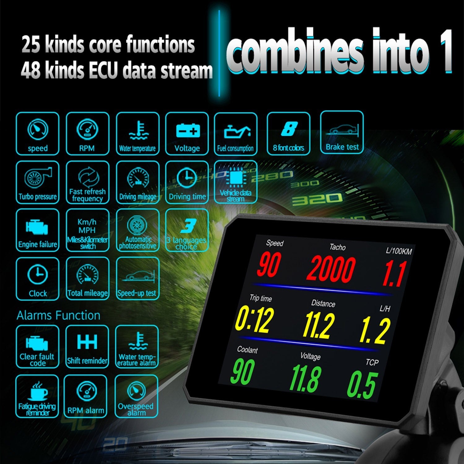 Head up Display OBD Smart HUD Auto Digital Meter OBD2 Port Warning Windshield Alarm System
