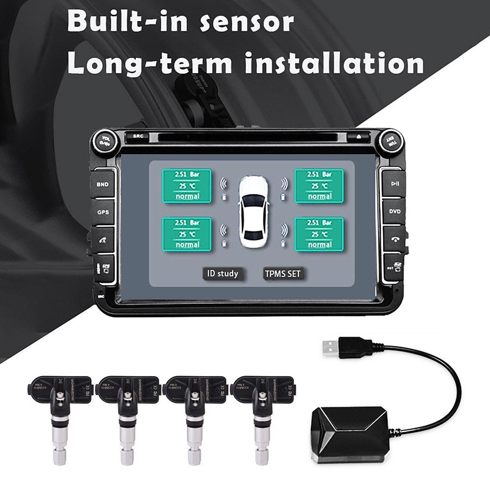 USB Car TPMS Tire Pressure Monitor Alarm System Wireless Transmission