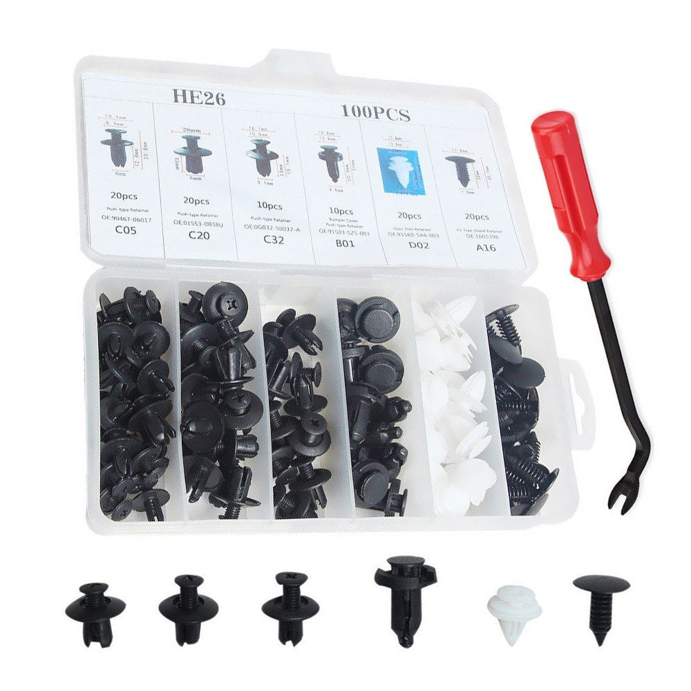 Car Retainer clips Body Plastic Rivets Fasteners Push Bumper Door Trim Panel Screws with Removal Tool 100 Pcs