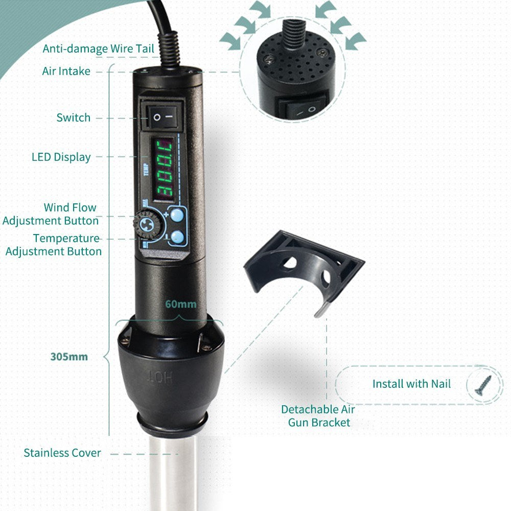 Portable Hot Air Gun with 8 Nozzles Ceramic Heating Core LED Digital Display Flow Temperature Adjustable