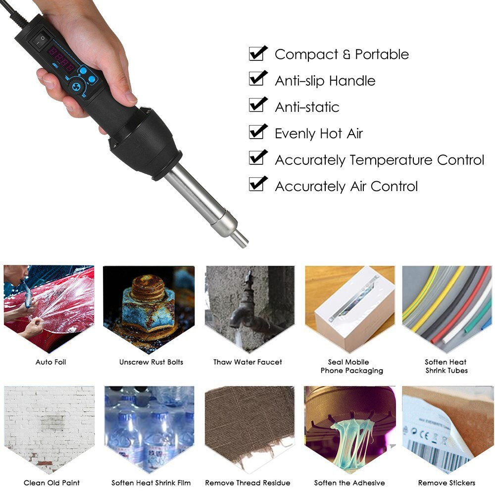 Portable Hot Air Gun with 8 Nozzles Ceramic Heating Core LED Digital Display Flow Temperature Adjustable