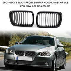 2Pcs Gloss Black Front Bumper Hood Kidney Grille Racing Replacement for BMW 3-Series E36 M3 1997-1999