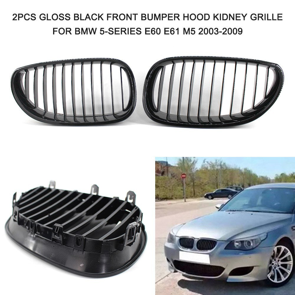 2Pcs Gloss Black Front Bumper Hood Kidney Grille Racing Replacement for BMW 5-Series E60 E61 M5 2003-2009