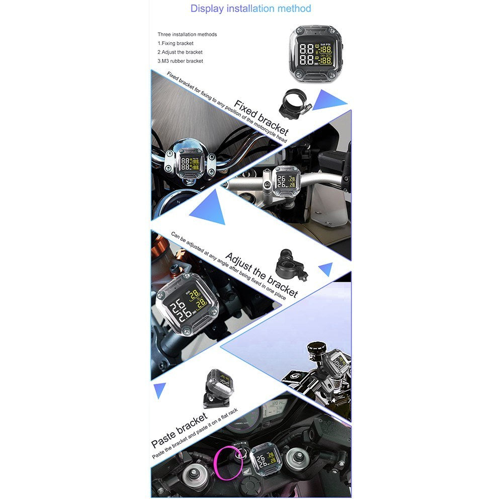Wireless Digital Motorcycle Tire Pressure Gauge Monitoring System Waterproof TPMS with 2 External Sensors
