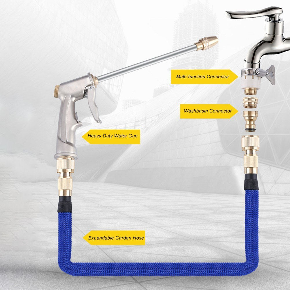 High Pressure Pistol Grip Sprayer Water Gun with Expandable Garden Hose + Pipe Connector Kit