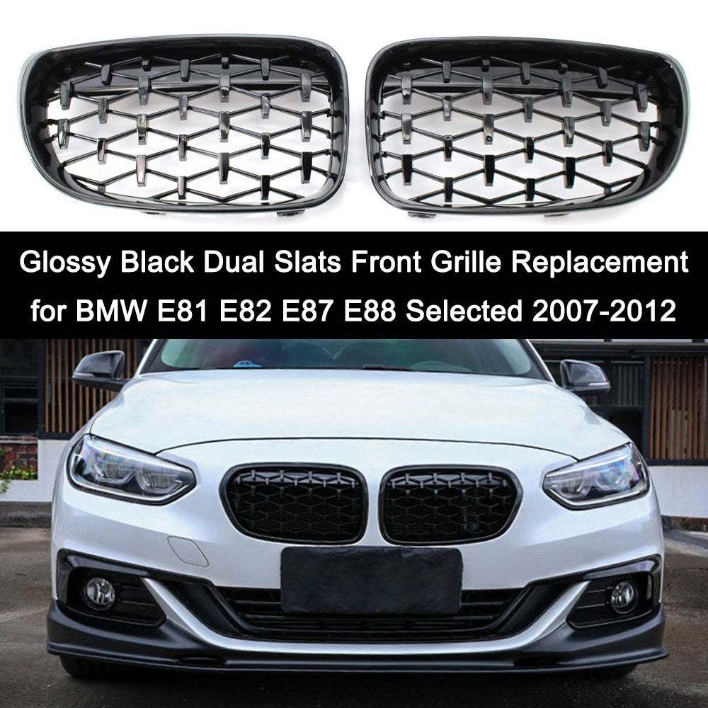Glossy Black Dual Slats Front Grille Grill Replacement for BMW E81 E82 E87 E88 Selected 2007-2012