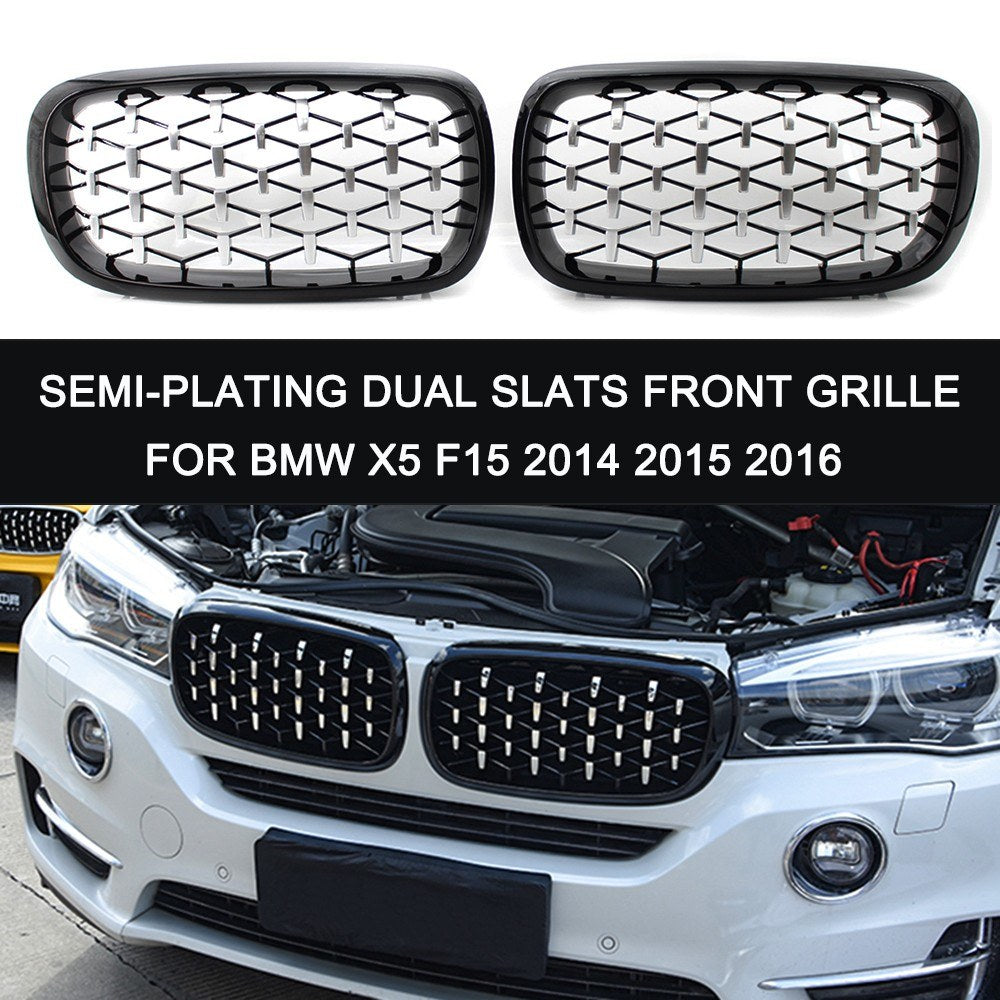 Semi-Plating Dual Slats Front Kidney Grille Grill Left & Right Replacement for BMW X5 F15 2014-2016