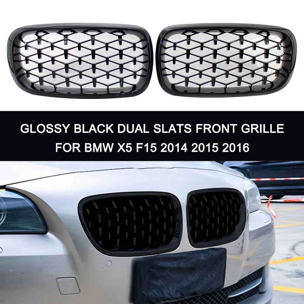 Glossy Black Dual Slats Front Kidney Grille Grill Left & Right Replacement for BMW X5 F15 2014 2015 2016