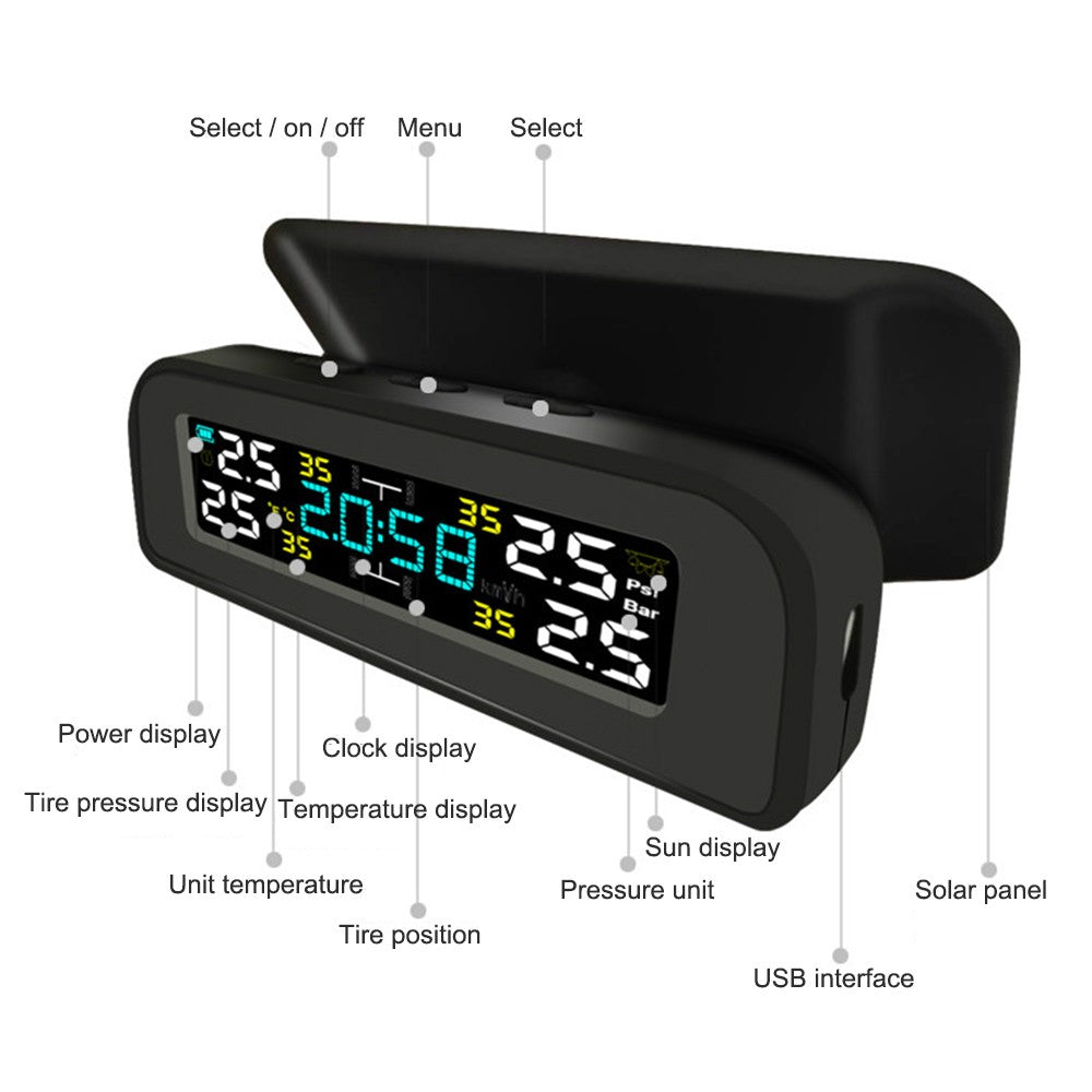 Car TPMS Tire Pressure Monitoring System Wireless Solar Charging Alarm