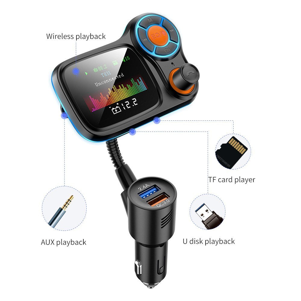 Multi-function Large Color Screen Car BT MP3 Hands-free Phone Card Air Breathing Lamp Kit Quick Charge