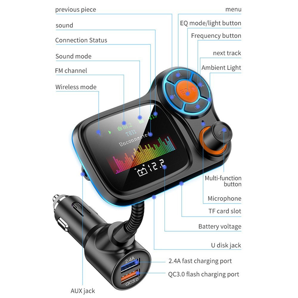 Multi-function Large Color Screen Car BT MP3 Hands-free Phone Card Air Breathing Lamp Kit Quick Charge