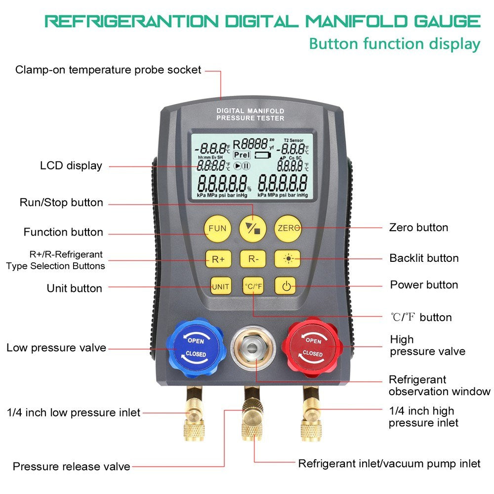 Pressure Gauge Refrigeration Digital Vacuum Manifold Tester Heating Ventilation And Air Conditioning Temperature Valve Kit