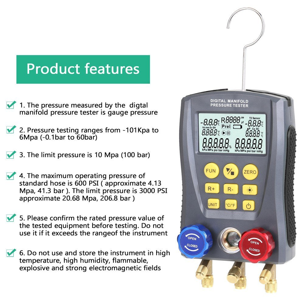 Pressure Gauge Refrigeration Digital Vacuum Manifold Tester Heating Ventilation And Air Conditioning Temperature Valve Kit