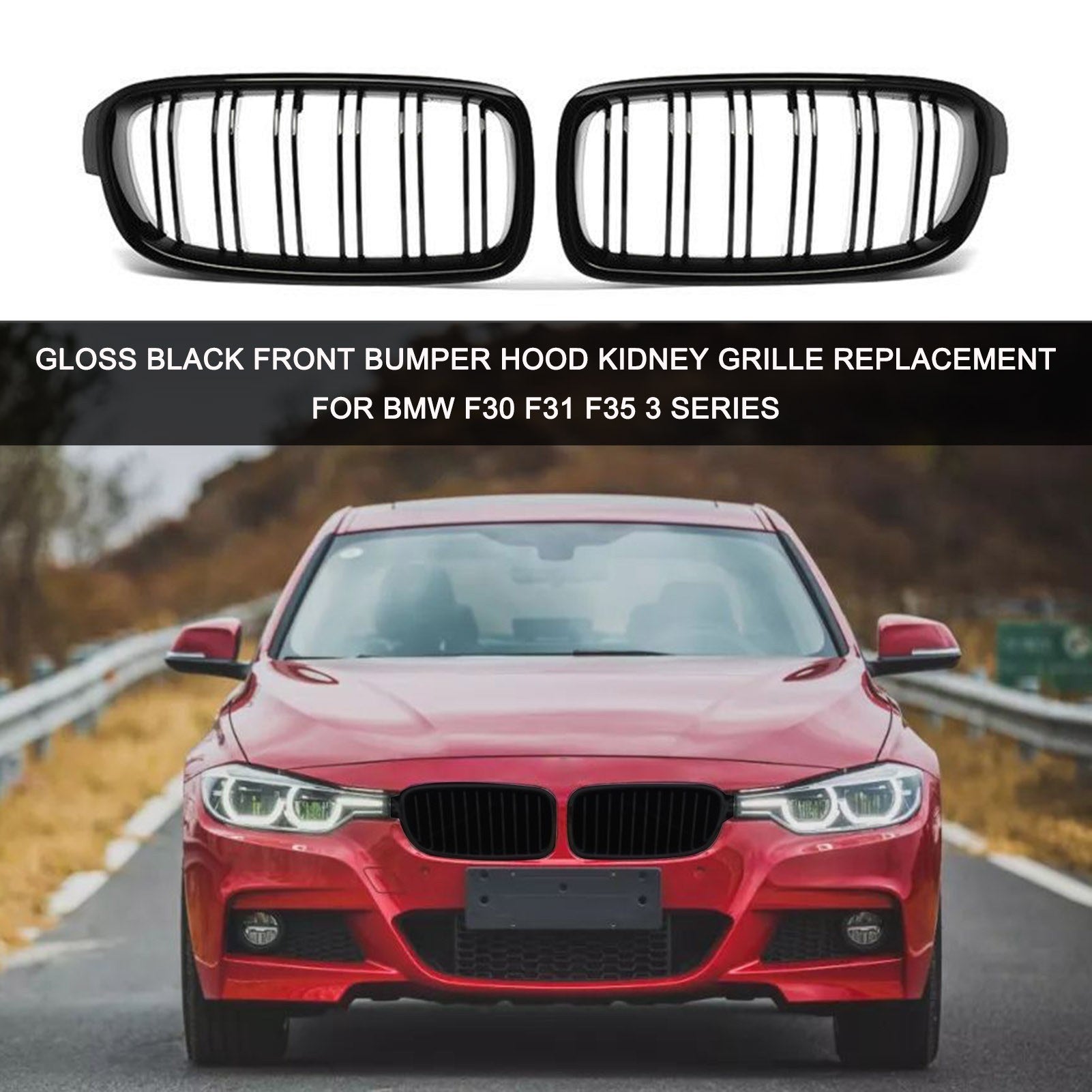2Pcs Gloss Black Front Bumper Hood Kidney Grille Double Line Racing Replacement for BMW F30 F31 F35 3 Series 2012-2016