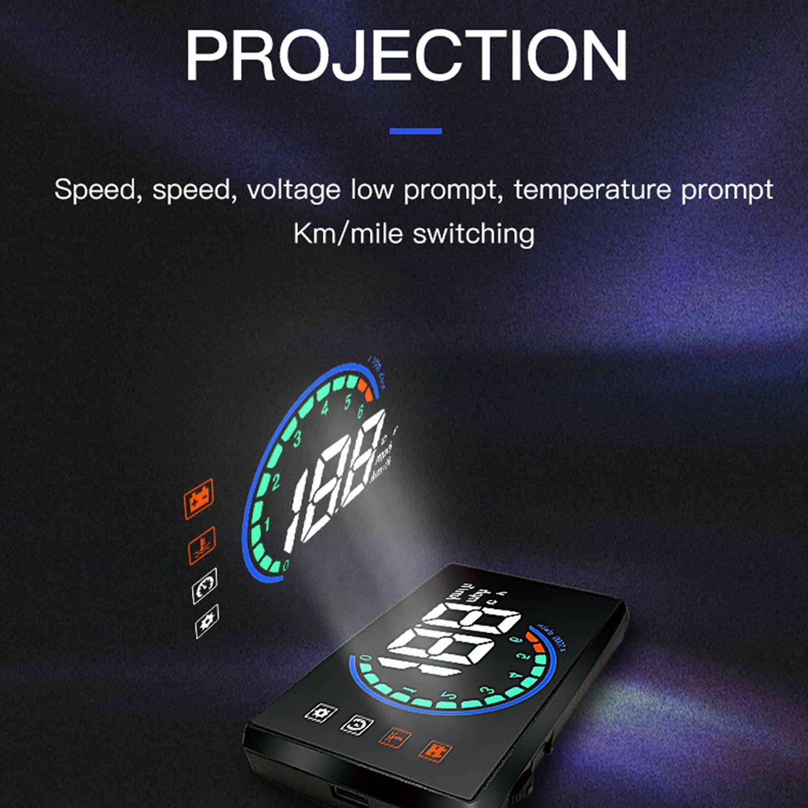 Car Hud Display OBDⅡ Head Up with Speed Overspeed Warning Mileage Measurement Water Temperature