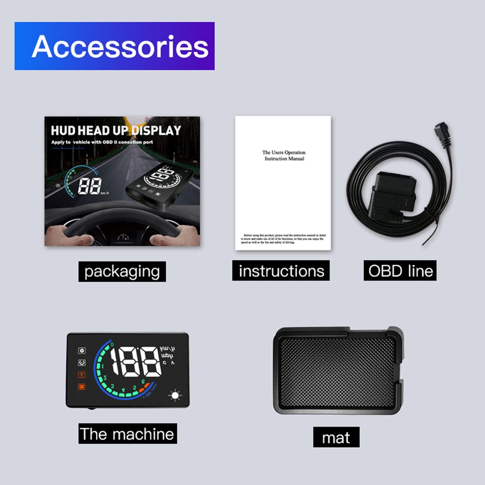 Car Hud Display OBDⅡ Head Up with Speed Overspeed Warning Mileage Measurement Water Temperature