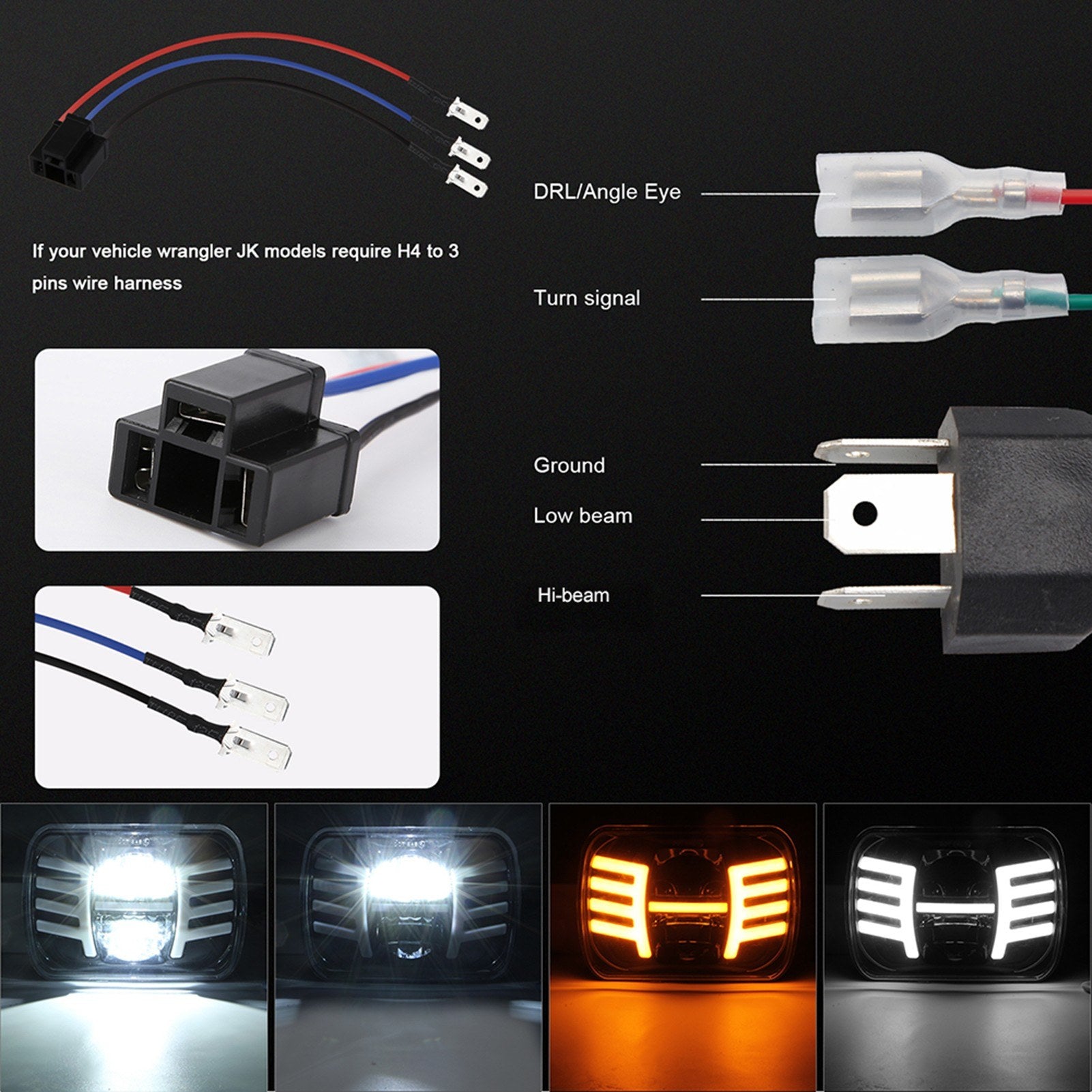 LED Rectangular Headlight Projector Replacement Hi/Lo DRL Headlamp Bulb for Wrangler 1pc