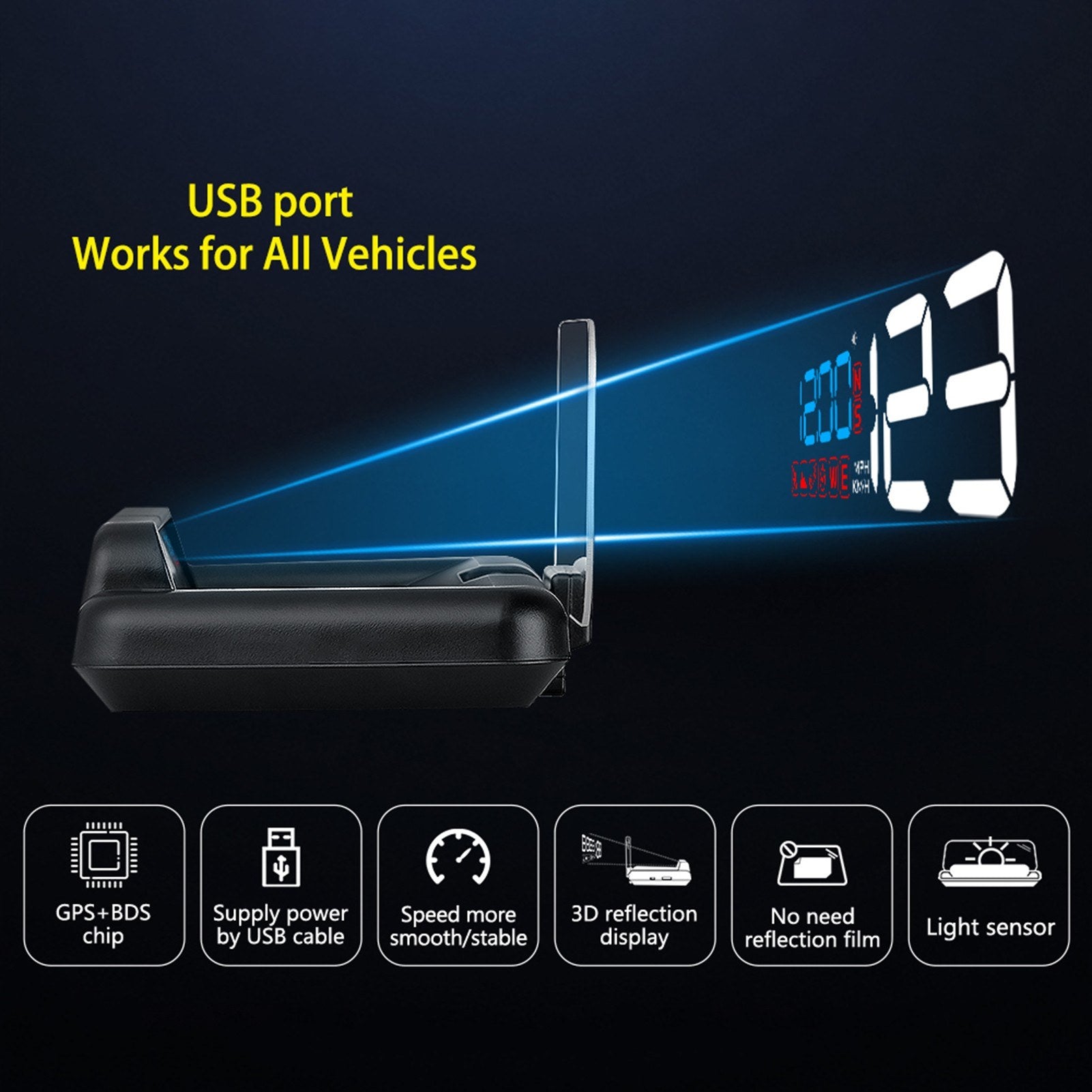 HUD Head Up Display High Definition Speedometer Car Safe Driving Computer Speed and Voltage Alarm 3D Reflection