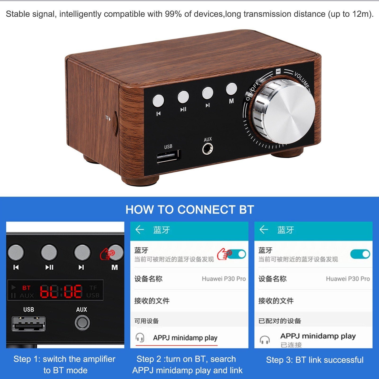 Wood Grain Hi-Fi BT 5.0 Digital Power Audio Amplifier Class D Stereo Home Car Marine USB/AUX IN